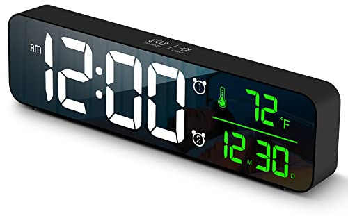 Digital Clock Large Display, Alarm Clock for Living Room Office Bedroom Decor, LED Corded Electric, Date Temp Display Wall Clock, Automatic Brightness Dimmer Smart Cool Modern Desk Accessories Black