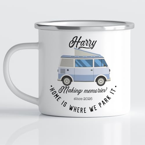 Pomchick - Personalised Campervan Camp Enamel Mug 11oz Christmas Birthday Retro Camping Accessories Drinkware Gift for Her Him Couple