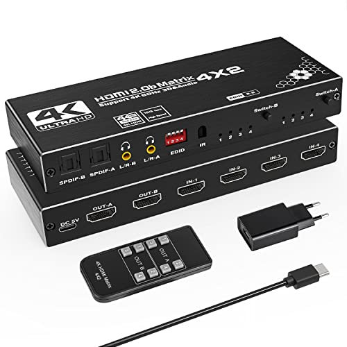 Tendak HDMI Matrix 4x2 - 4K @ 60Hz HDMI Switch & Splitter Supporta HDCP 2.2 HDR 3D con estrattore audio e telecomando IR