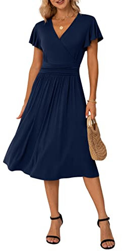 GRECERELLE Womens Summer Wrap Dress Ladies Casual Ruffle Short Sleeve V-Neck Floral Beach Dresses for Women (02 Navy Blue, L)