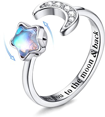 MILACOLATO 925 Sterling Silver Fidget Rings For Women Girl Open Adjustable Moonstone Anxiety Rings CZ Moon Star Spinner Ring Lettering Knuckle Promise Wedding Engagement Rings with Gift Boxed