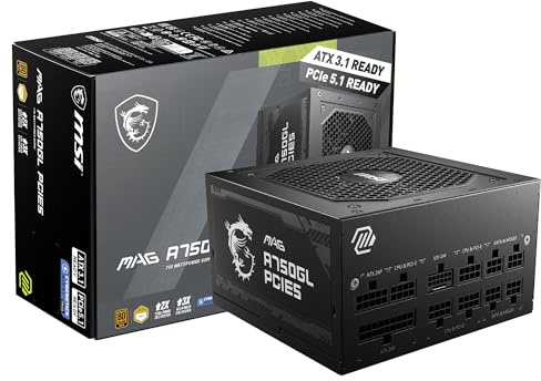 MSI MAG A750GL PCIE5, Fully Modular Compact Gaming 750W Power Supply, 80+ Gold, ATX 3.1 & PCIe 5.1 Ready, Native Dual-Color 12V-2x6 Cable, 10 Year Warranty