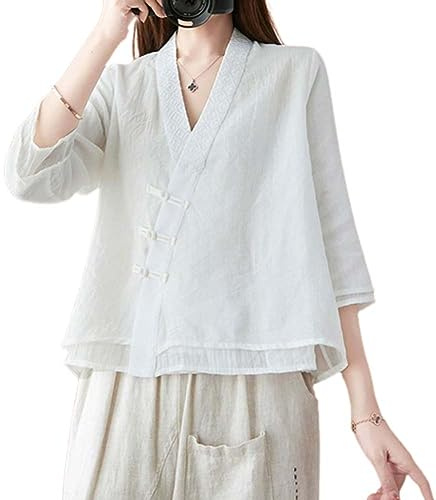 PRINCESS BRIDE Hanfu - Blusa de lino informal de manga 3/4, cuello en V, ropa tradicional china con botones de rana china, para verano, A4, blanco, L