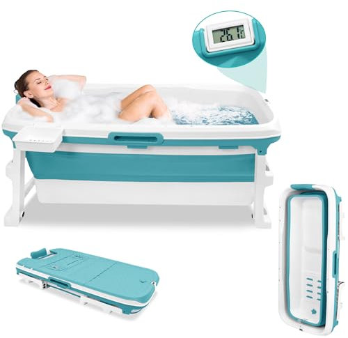 LZQ Faltbare Badewanne Erwachsene mit Temperaturanzeige Mobile badewanne Foldable Bathtub mit Abdeckung Klappbadewanne mit Korb für Badezimmer,Dusche und Balkon 132×61×54cm