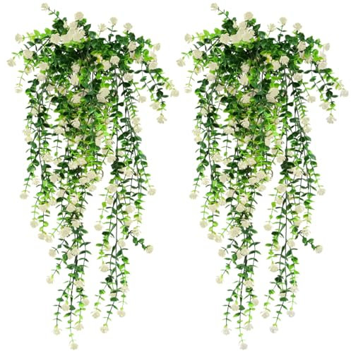 KiKiHong Kunstpflanzen Hängend 2 Stück Kunstblumen,Wie Echt Kunstblumen Hängend Geeignet für Außen,Innen,Balkon Dekoration,Garten,Hochzeit,Büro Wanddekoration(Champagner)
