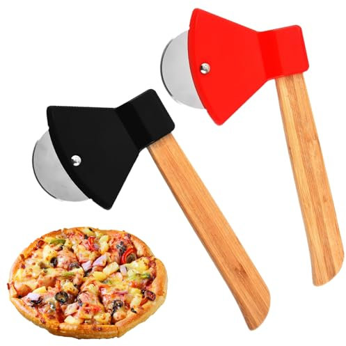 2 Stück Pizzaschneider Edelstahl Pizzamesser Spülmaschinenfest Pizzaroller mit Holzgriff Multifunktional Pizzaschneider axt Küchenzubehör Geeignet zum Schneiden von Pizza,Teig(Rot, Schwarz)