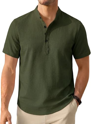 Enlision linnetröjor för män kortärmad farfar tröjor för män sommar vardag semester strand kraglös button down Henley toppar, Armégrönt, XL