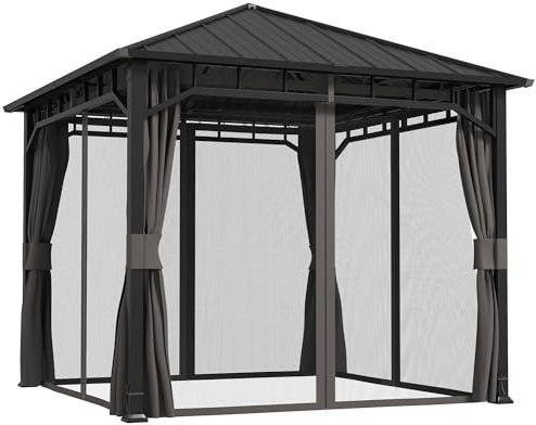 Outsunny 3 x 3(m) Hardtop Gazebo with Galvanised Steel Roof, Waterproof Permanent Pavilion Garden Gazebo with Netting and Curtains for Patio, Deck