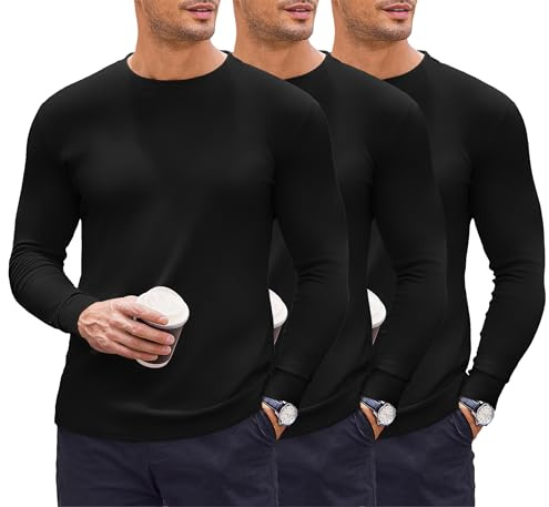 Ekouaer Camiseta Termica Hombre Ligero Camisa Manga Larga, Negro 3 Piezas, XXXL