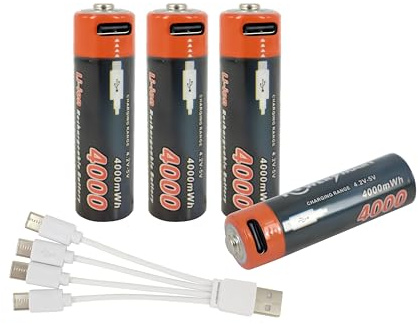 PowerSmart 4 batterie AA tipo C, connettore 4000 mAh, 1,5 V, batteria ricaricabile AA agli ioni di litio