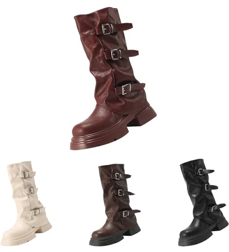 Générique Plattformsstövlar dam rund tå platta damstövlar läder ankelstövel med spänne rem slouchy boot enfärgad ledig sko tunna vadstövlar stövel, vit, 35 EU