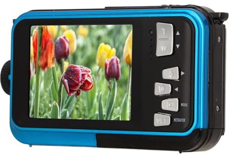 Cryfokt Caméra sous-Marine, Full HD 2,7 K 48 MP d'eau, Zoom Numérique 16X, Double écran Avant et Arrière, Appareil Photo Numérique Compact Flottant pour Le Surf, la Plongée en Apnée, (Blue)