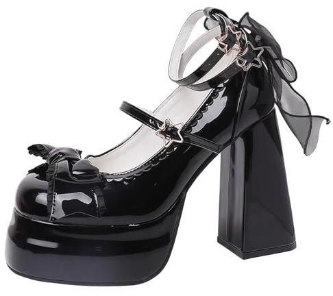 FQLGJMY Kawaii High Block Heel de la Mujer Mary Jane Rockabilly Bombas con Lazo de encapearl Plataforma de taltalgrueso Zapatos Dulces Lindos
