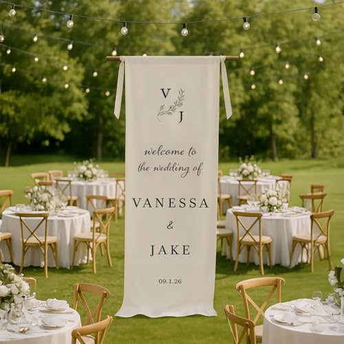 MEIEG Cartello di Benvenuto for Matrimonio Personalizzato, Striscione Nuziale in Tessuto E Lino, Cartello for Cerimonia, Decorazioni for Compleanni/Feste/Eventi(50X152 cm)