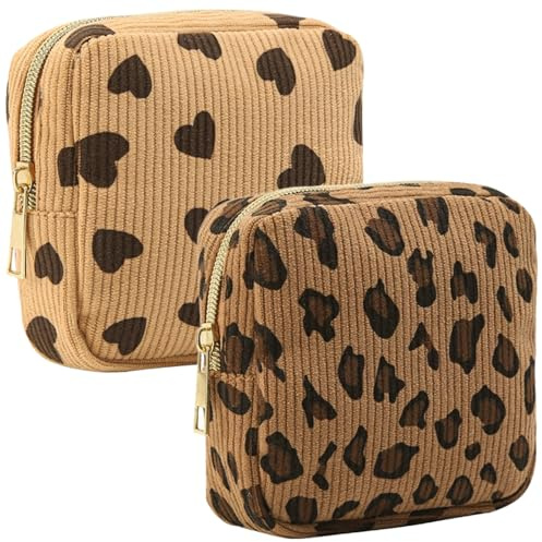 2 bolsas de cosméticos de pana con estampado de leopardo, bolsa de almacenamiento portátil pequeña para artículos de higiene con cremallera, para viajes y uso diario
