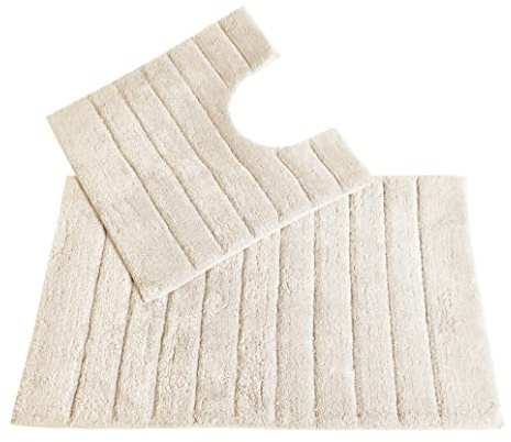 Allure Ribbed Design 2 Piece Bath and Pedestal Toilet Mat Set, 100% Cotton (Cream)