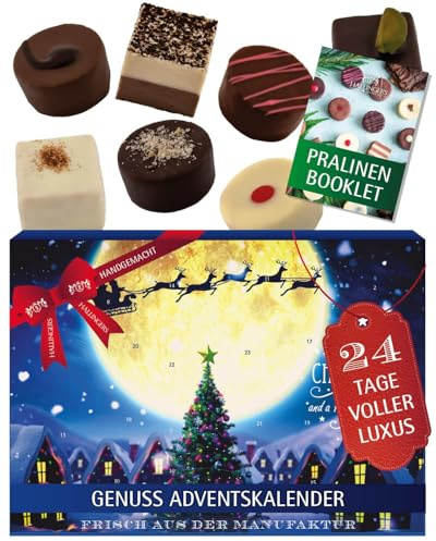 Hallingers Genuss Manufaktur Pralinen Adventskalender - ohne Alkohol, handgemacht aus zartschmelzendem Edelkakao in hochwertigem Softfeel-Karton Magische Reise, Weihnachtskalender
