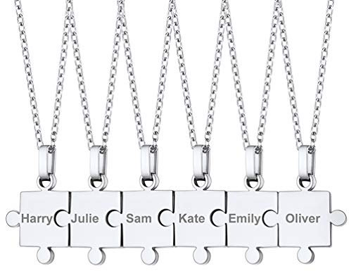 PROSTEEL Damen Collier 6 Stücke Puzzle Anhänger personalisiert Familien Freundschaft Schmuck mit 55cm/2mm Edelstahl Rolokette Namen Gravur Puzzle Kette für Jungen Mädchen