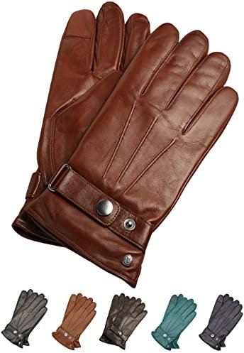 AKAROA ESTD 2019 Lederhandschuhe Herren RON, Touchscreen Funktion, italienisches Leder, recyceltes Strickfutter aus 50% Kaschmir und 50% Wolle, 5 Größen S - XXL, cognac, S-8,5