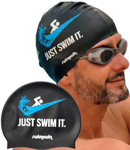 SWIMXWIN Gorro Natacion Silicona Just Swim Gorro Piscina Divertido Adulto Unisex Hombre Mujer Entrenamiento Competicion Aquagym Regalo Accesorios Clases Club Gorros Piscina Gracioso Escuela Nado