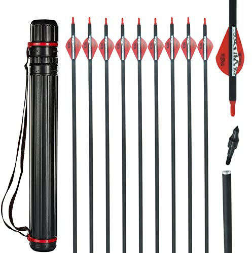 Obert 12pcs 30 Zoll Carbon Pfeile für Bogenschießen Spine 500 Bogenpfeile mit Austauschbare Pfeilspitzen und Pfeile Köcher for Recurvebogen und Compoundbögen