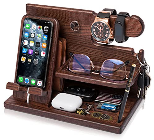 TESLYAR Handy Dockingstation & Schreibtisch Organizer Holz mit Handyständer Braun für Büro Aufbewahrung & Organisation/Schöne Männer Geschenke Geburtstag Herren Weihnachten