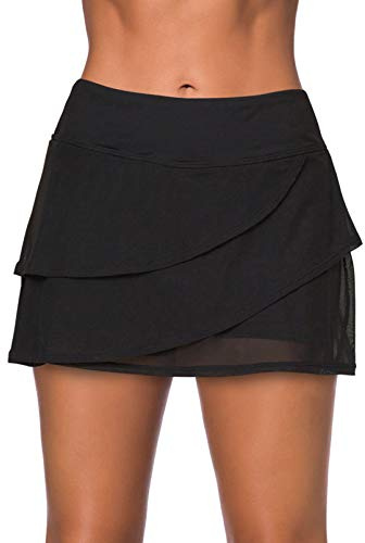 Aleumdr Women's Three Layered Waistband Ruffle Swimdress Swim Skirt Swimsuit Bottom Large 12 14 Black