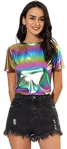 Allegra K Dam kortärmad rund hals metallisk topp blus t-shirt, färgglad, M