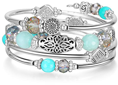 FULU AUTUMN Bracelet en Perles Argent pour Femmes Bracelet Enveloppant en Pierre Multicouches Un Cadeau de Bijoux Fantaisie pour Maman le Jour de Thanksgiving - Boîte Cadeau(Turquoise)