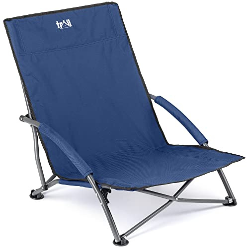 Trail Sisken Low Folding Beach Chair, 120kg Max, Padded Armrests, Navy Blue | Low Seating Position, Lightweight Folding Design, Anti-Sink Feet, Carry Bag with Strap, Soak Up the Sun in Style