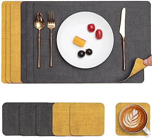 Myir JUN Table Mats Placemats and Coaster Sets 6 Place Mats for Table | Dual-Sided Faux Leather Table Mats Heat-Resistant Waterproof Non-Slip 43 x 30 cm for Kitchen Dining Outdoor (Grey Yellow)