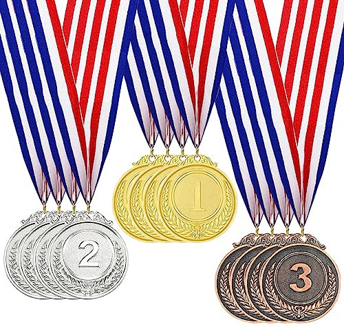 Vueinrg 12 Stück Gold Silber Bronze Medaillen Set Zahlenmedaillen Metallmedaillen mit Halsband Goldmedaillen Siegermedaillen für Fussball Kinder Sport Wettbewerbe Party Kindergeburtstag