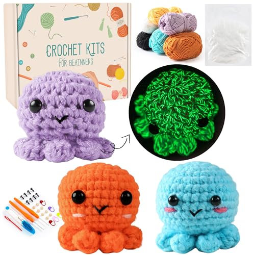 MJARTORIA Häkelset für Anfänger Tiere, Häckeln Stricken für Anfänger Set mit Anleitung Häkelnadeln Garn, Kreativ Strickset Bastelset Erwachsene Kinder Geschenk (Bunt Nachtleuchtend Oktopus)