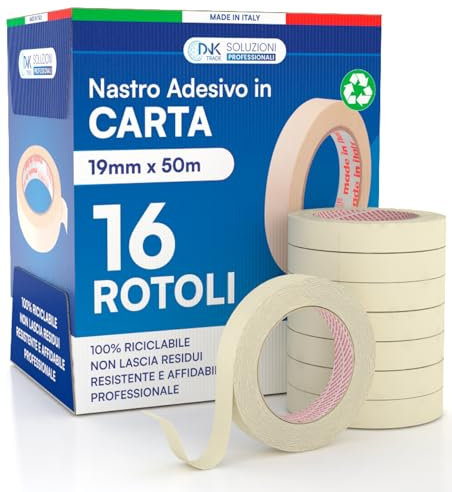 DNK TRADE 16x Cinta de Carrocero Para Pintar y Enmascarar 19mm x 50m - Removible Sin Residuos, Sin Disolventes - Cinta de Pintor Con Papel