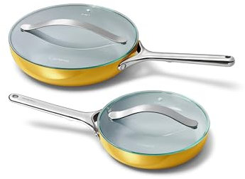 Caraway Ceramic Fry Pan Duo with Glass Lids - Non-Stick Frying Pans (10.5” & 8”) - Non Toxic, PTFE & PFOA Free - Oven Safe & Compatible with All Stovetops – Marigold