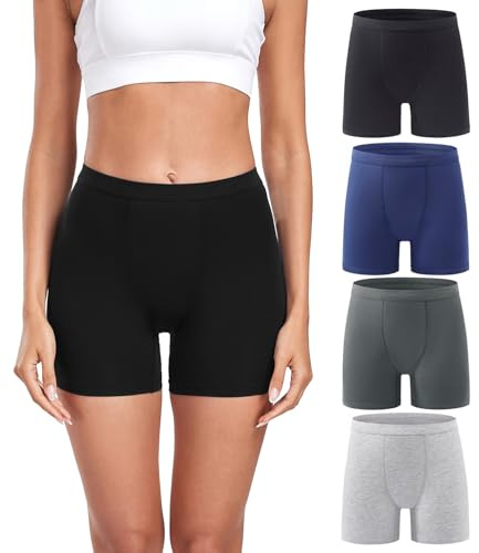 wirarpa Women's Boxer Briefs Modal Boyshort Panties Ultra Soft Ladies Boxers Underwear Under Dress Skirt 4 Pack Black Deep Grey Deep Blue Heather Grey Size M