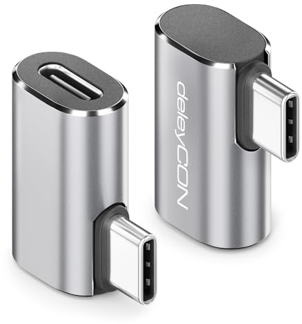 deleyCON USB-C-Adapter Vinkel 90 Grader (2 St) 40Gbps, 240W, 8K60Hz, Aluminiumhölje, Typ C-Kontakt till Uttag Kompatibel med Smartphone Surfplatta Bärbar Dator PC Switch och Mycket Mer.