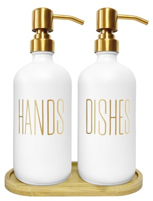 Tvåldispenser i guld för kök med bambubricka – set med hand- och disktvålsdispenser, vita glasflaskor med guldtryckta etiketter, 17oz / 480 ml vardera