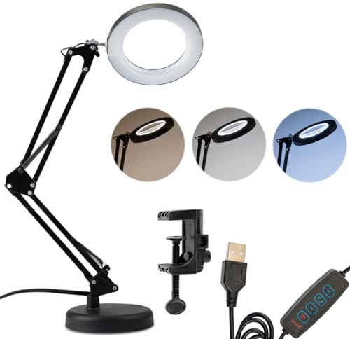 Lumiled LED förstoringsglas lampa 8 W 400 lm svängbar arm 3 x förstoring förstoringsglas med ljus och stativ dimbar USB skrivbord arbet svart 3 färglägen glaslins kosmetiklampa pyssel