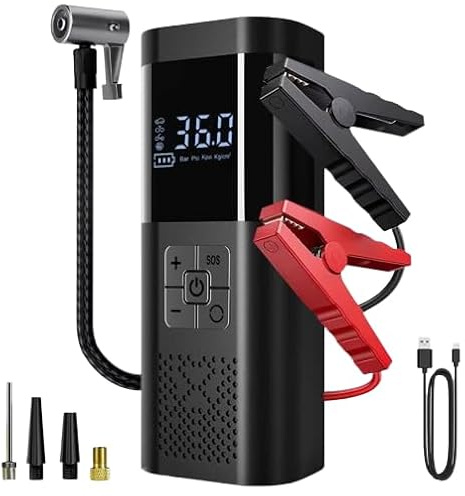 8000mAh 4-in-1 Car Jump Starter with Air Compressor Portable 150 PSI Tyre Inflator, Power Bank & Flashlight Universal Emergency Kit for Cars, Motorbikes & Van, USB