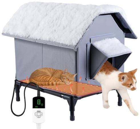 Heated Cat House, Outdoor Cat House Waterproof with Heating Pad & Escape Door, Oxford Cloth Elevated Cat Shelter, Winter Warm Insulated Pet Tent for Multiple Cats & Dogs (Heated Model)