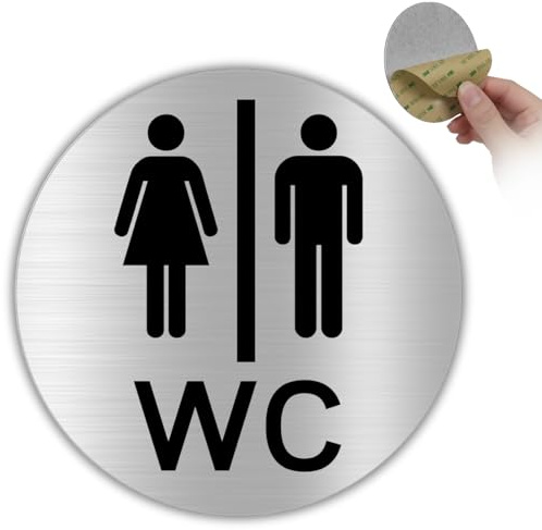 LEIASA | Señal WC Unisex - Grosor 0.8 mm - Diámetro Ø 100 mm - Aluminio - Señal Aseos Mixtos - Signo Baño Hombre y Mujer - Cartel adhesivo WC Unisex - (Baño Unisex)