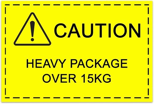 500 Etiquetas Adhesivas de Advertencia “CAUTION HEAVY PACKAGE OVER 15KG” – 100x50mm – Etiquetas de precaución para Paquetes Pesados – Pegatinas de Seguridad para Envíos, Logística，Amazon FBA y Almacén