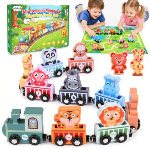 Toys for 1 2 3 Year Olds Boys Girls, Toddler Montessori Toys Animal Removable Magnetic Wooden Train Set Sensory Toys Gifts for 1 2 3 4 Year Old Boy Girl Kids Toys Age 1-3 1st Birthday Gifts