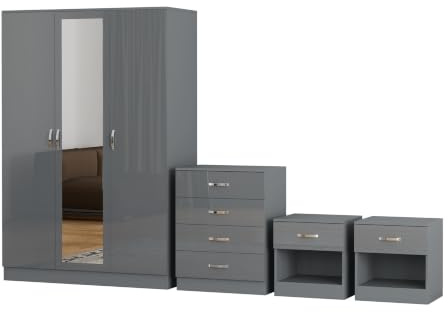 Nera High Gloss 4 Piece 3 Door Wardrobe with Mirror Chest of Drawers and Bedside Table Set with Mirror Bedroom Furniture Set (High Gloss Grey(Matt Grey))