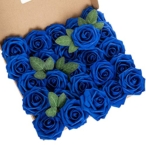 Exoment 25pcs Artificial Flower Foam Rose Real Touch Roses Flower Heads with Stem for DIY Wedding Bouquets Centerpieces Arrangements Party Baby Shower Home Decor (Royal Blue)