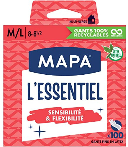 MAPA - L'Essentiel - fina pulverlackerade naturliga latexhandskar - känslighet och flexibilitet - låda med 100 handskar - storlek M/L, vit