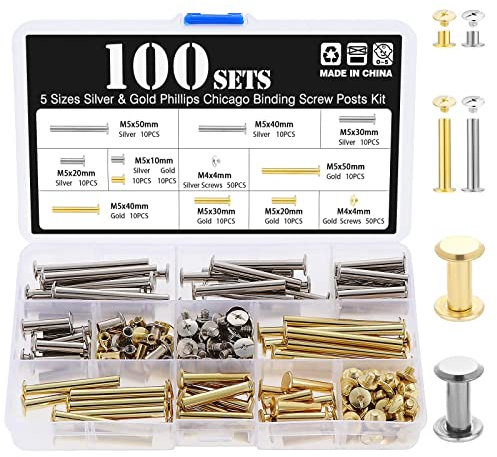 HSEAMALL 100 Sätze Chicago-Bindungsschrauben, sortiertes Kit, 5 Größen, Metall, rund, Kreuzkopf, Bolzenschraube, Nagelniete, Chicago-Knopf für Lederdekoration, Buchbindegürtel