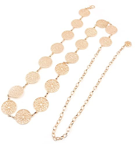 Hsthe Sea Cinturón de cintura larga con hebilla ajustable dorada de 59 pulgadas, cinturón de vestir,cinturón de cadena para mujer, cinturón de cintura con anillo de metal tallado a calado vintage