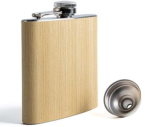 SPDYCESS Fiaschetta in Legno 6oz Fiaschetta in Acciaio Inox con Imbuto Piccole Fiasco per Liquori per Uomini Papà Regalo Campeggio Arrampicata Golf Pesca